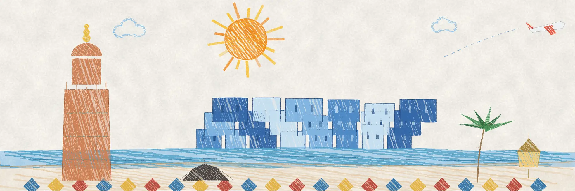 Illustrated Morocco scene with a square minaret tower, blue-washed medina houses above the water, a palm tree and a row of coloured beach parasols